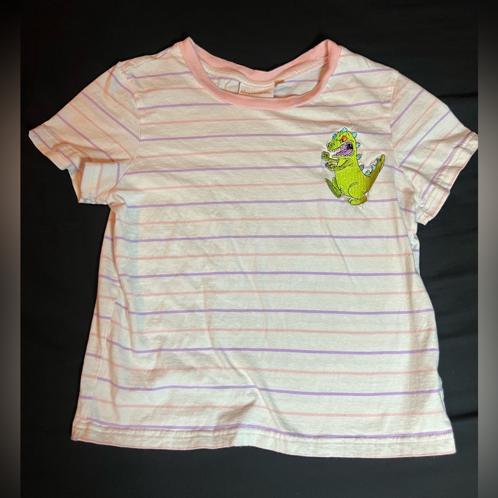 Nickelodeon Rugrats Juniors Embroidered Reptar Striped Tee Shirt
